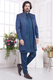 Royal Blue Silk Blend Weaved Work Men's Sherwani for Engagement