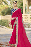 Ruby Pink Embroidered Crushed Chiffon Traditional Saree 