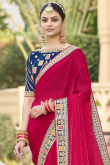 Ruby Pink Embroidered Crushed Chiffon Traditional Saree 