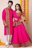 Ruby Pink Rayon Mirror Embroidered Couple's Outfit 