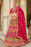 Designer Panelled Embroidered Silk Lehenga in Ruby Pink