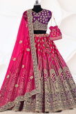 Ruby Pink Velvet A-Line Dori Embroidered Lehenga