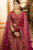 Ruby Pink Velvet Embroidered Panelled Style Lehenga
