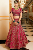 Ruby Pink Velvet Embroidered Panelled Style Lehenga
