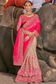 Ruby Red And Beige Embroidered Satin Silk Half And Half Saree 