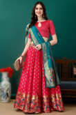 Ruby Red Art Silk Woven Zari Panelled Style Lehenga