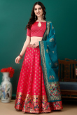 Ruby Red Art Silk Woven Zari Panelled Style Lehenga