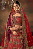 Ruby Red Embroidered Velvet Bridal Wear Lehenga 