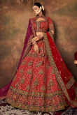 Ruby Red Embroidered Velvet Bridal Wear Lehenga 