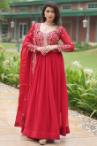 Ruby Red Georgette Embroidered A Line Ready Made Gown