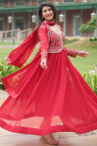 Ruby Red Georgette Embroidered A Line Ready Made Gown