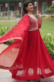 Ruby Red Georgette Embroidered A Line Ready Made Gown