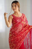 Ruby Red Net Embroidered Light Weight Saree 