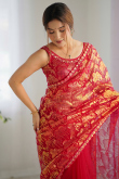 Ruby Red Net Embroidered Light Weight Saree 