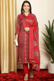 Ruby Red Printed Pashmina Straight Cut Trouser Suit 
