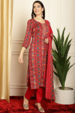 Ruby Red Printed Pashmina Straight Cut Trouser Suit 