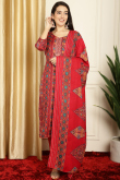 Ruby Red Printed Pashmina Straight Cut Trouser Suit 