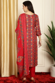 Ruby Red Printed Pashmina Straight Cut Trouser Suit 