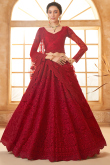 Ruby Red Stone Embellished Panelled Style Net Lehenga
