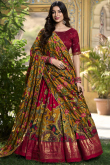Ruby Red Tussar Silk Foil Printed Flared Style Lehenga