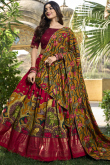 Ruby Red Tussar Silk Foil Printed Flared Style Lehenga