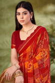Rust Orange Chiffon Saree With Printed For Casual Wear