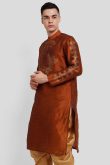 Rust Orange Dupion Silk Foil Printed Straight Cut Kurta