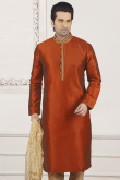 Rust Orange Silk Blend Men's Kurta With Zari Work For Wedding