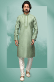 Sage Green Art Silk Resham Embroidered Men Kurta Churidar