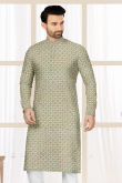 Sage Green Cotton Silk Embroidered Men Kurta
