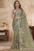 Sage Green Net Embroidered Saree For Wedding