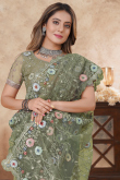 Sage Green Net Embroidered Saree For Wedding