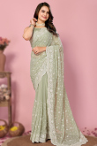 Sage Green Sequins Embroidered Georgette Saree For Mehndi