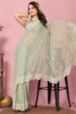 Sage Green Sequins Embroidered Georgette Saree For Mehndi