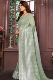 Sage Green Shimmer Chiffon Saree with Zari Work for Diwali