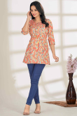 Salmon Orange Cotton Printed Short Casual Wear Kurti 