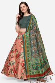 Salmon Orange Floral Print Silk A Line Style Lehenga 