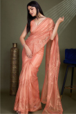 Salmon Orange Net Embroidered Shimmer Saree