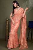 Salmon Orange Net Embroidered Shimmer Saree