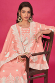 Salmon Peach Chanderi Weaved Thread Trouser Suit 
