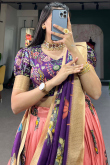 Salmon Peach Chinnon Lehenga with Peinted Work for Diwali 