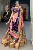 Salmon Peach Chinnon Lehenga with Peinted Work for Diwali 