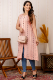 Salmon Peach Cotton Ready to Wear Front Slit Casual Wear Kurti