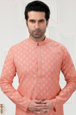Salmon Peach Cotton Straight Cut Printed Men Kurta Churidar