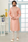 Salmon Peach Dupion Silk Embroidered Men Kurta