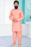 Salmon Peach Dupion Silk Men Kurta Pajama