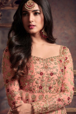 Salmon Peach Embroidered Net High And Low Anarkali Suit 