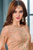 Salmon Peach Georgette Embroidered Straight Cut Trouser Suit