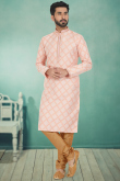 Salmon Peach Jacquard Churidar Men Kurta Pajama