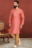 Salmon Peach Jacquard Straight Cut Woven Zari Men Kurta Churidar